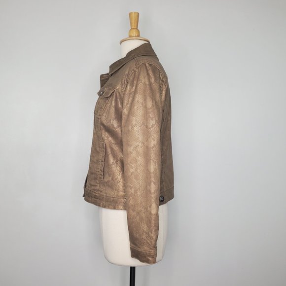 Dressbarn Brown Gold Snakeskin Print Stretchy Bling Buttons Jean Style Jacket M - Picture 6 of 15